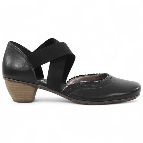 Rieker Shoes - Riker Women's Mariah Black Leather Slip On Heeled Mary Jane Elastic Straps - 39